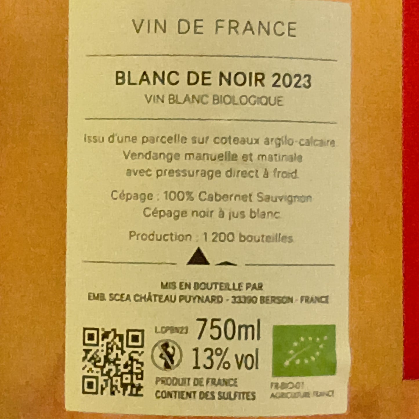 シャトー　ピュイナール　ブラン・ド・ノワール　2023　カベルネ・ソーヴィニヨンから造る「白」