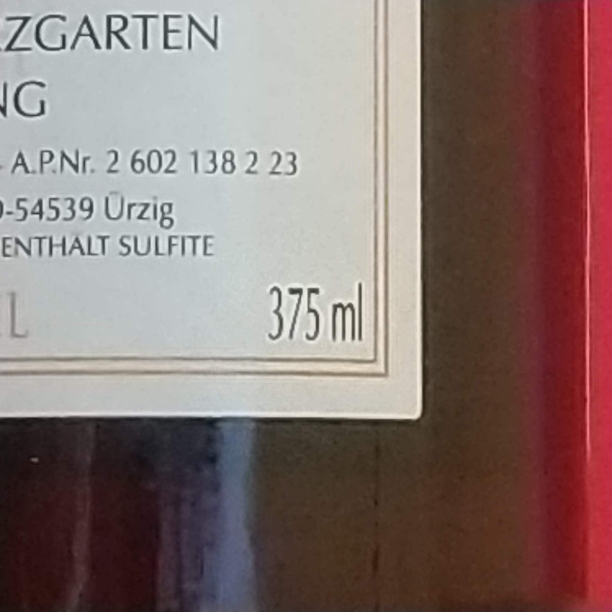375ml　ユルツィガー ヴュルツガルテン リースリング クヴァリテーツヴァイン 2022　 🟨白　🟡甘口　ハーフサイズ