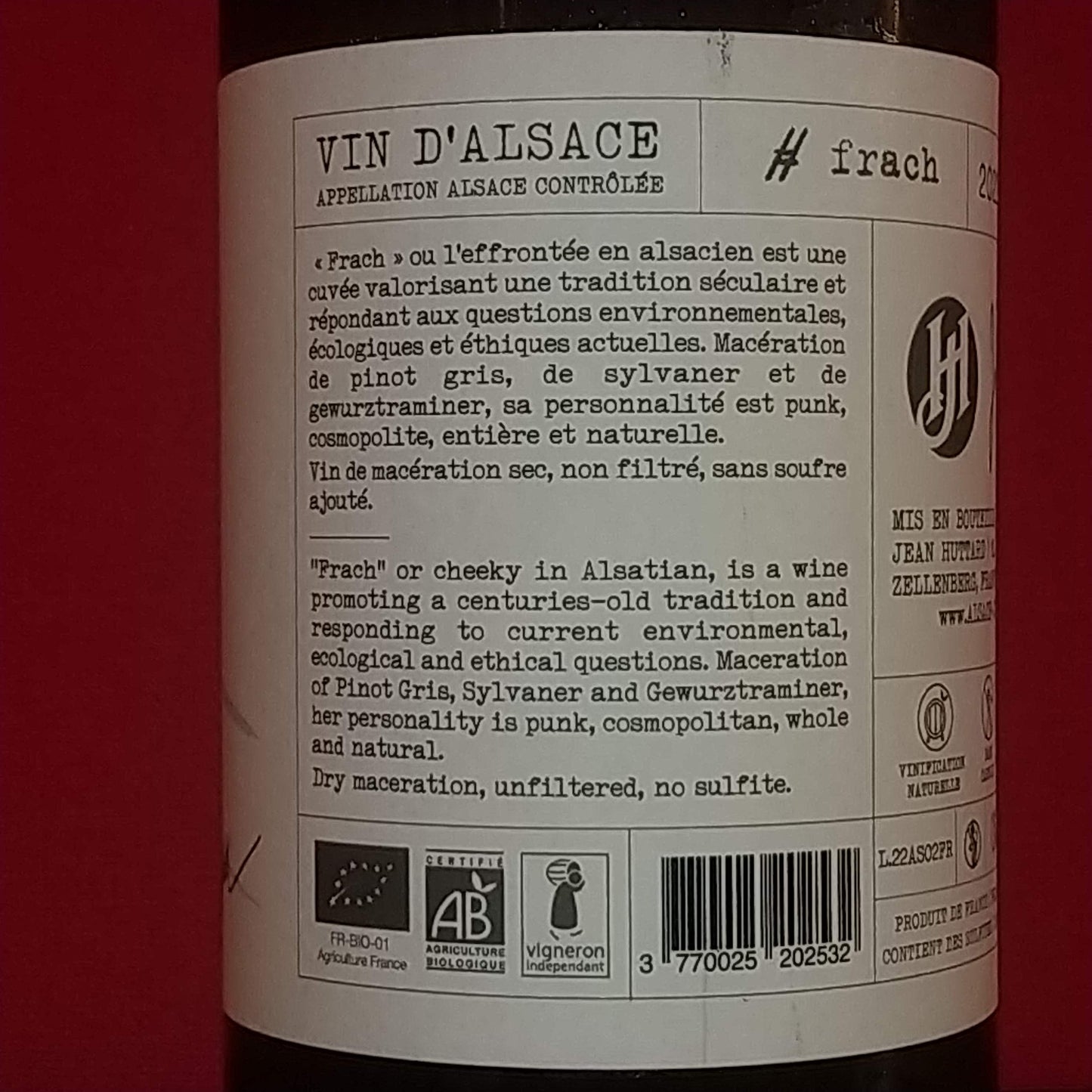 【オレンジワイン】フラッハ　2022　ジャン・ユタール　