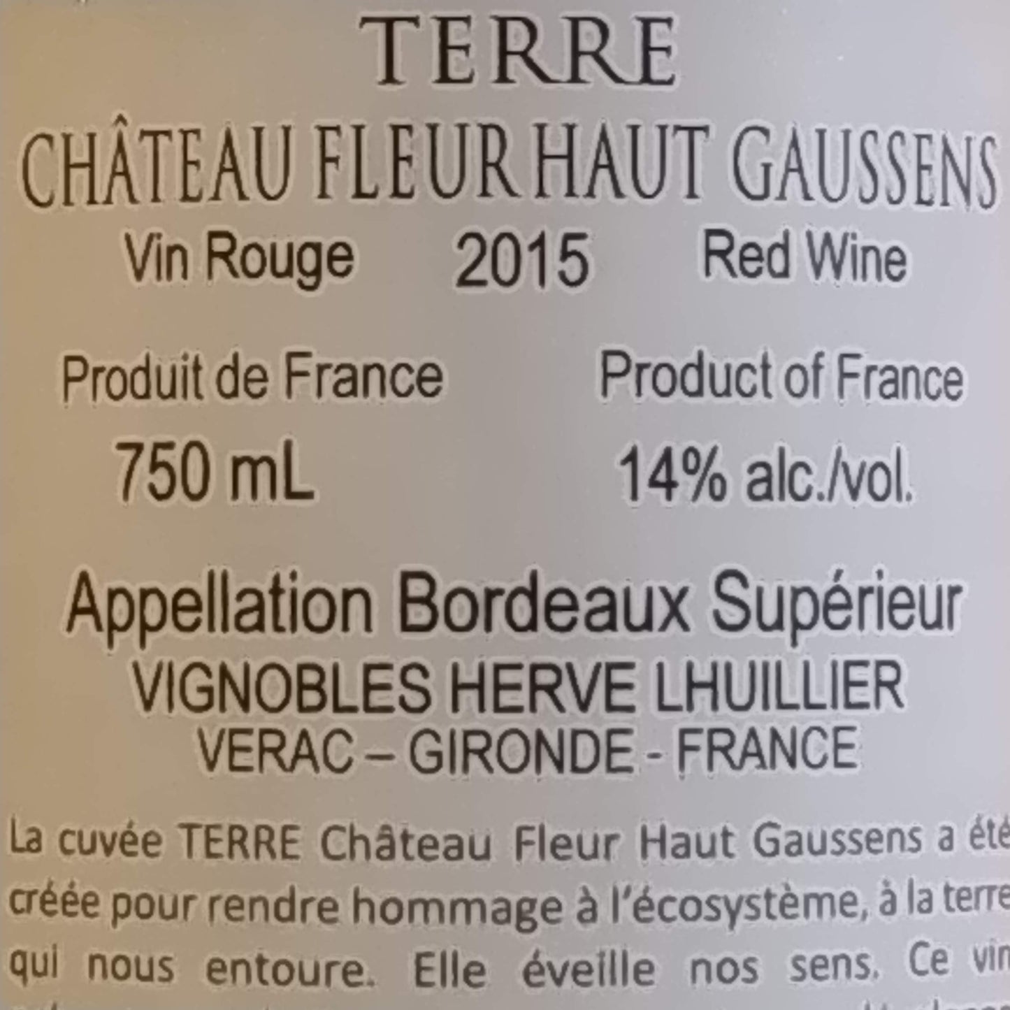 テール シャトー フルール オー ゴーサン 2015　ボルドー赤